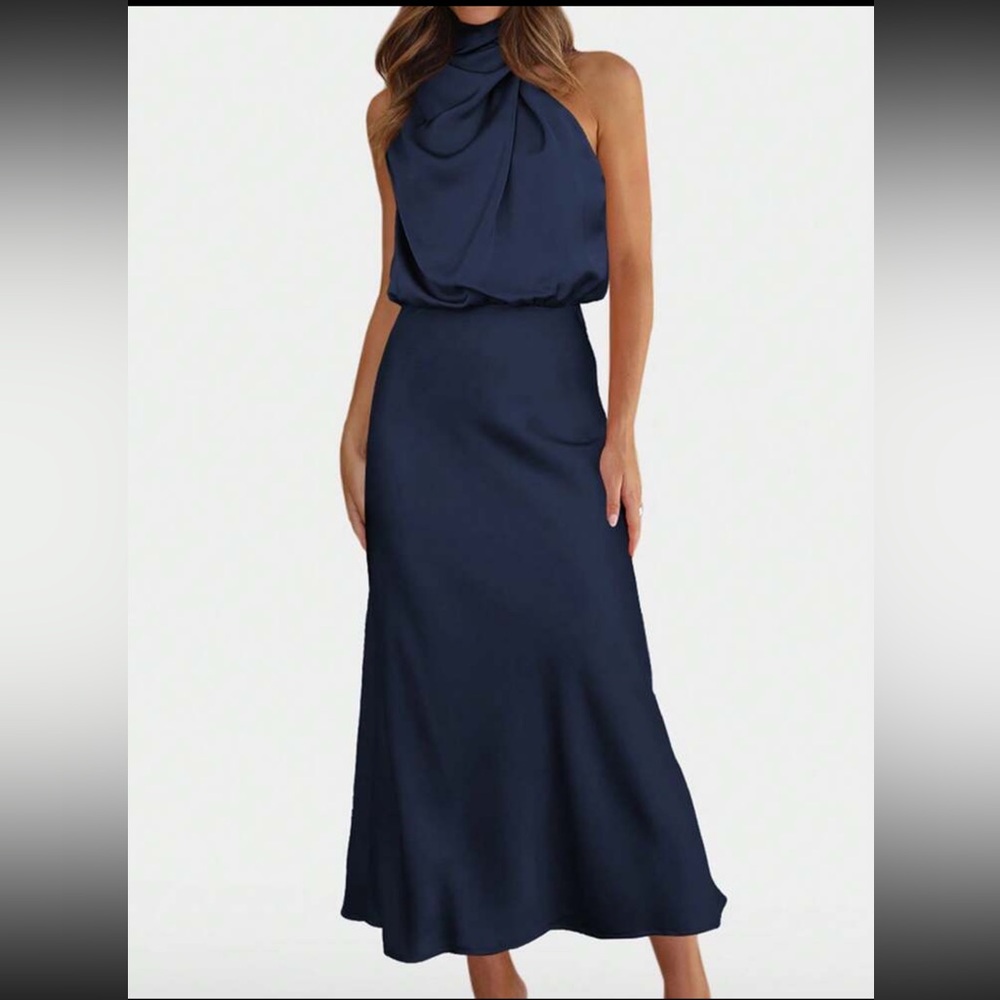 Navy Draped Halter Midi Dress